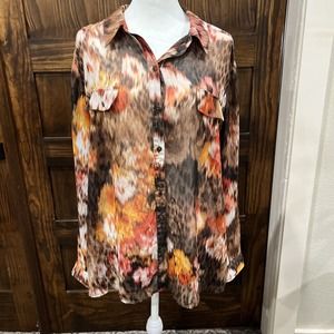Chicos Shirt Women 3 Large Button‎ Down Sheer Orange Brown Yellow